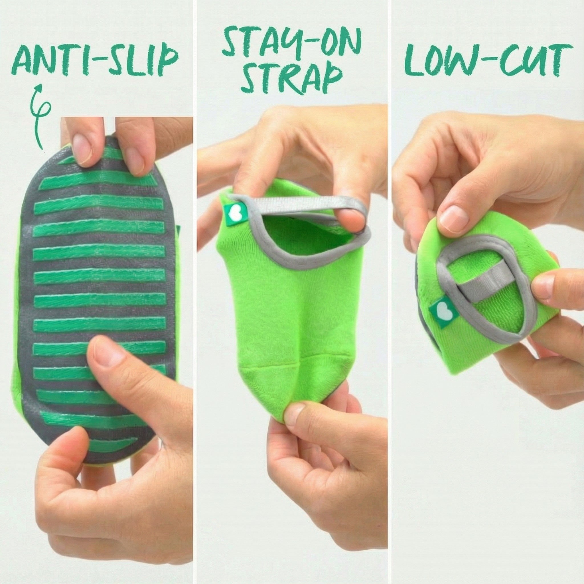 Baby non-slip sock features showing grip sole, stay-on strap, and low-cut design